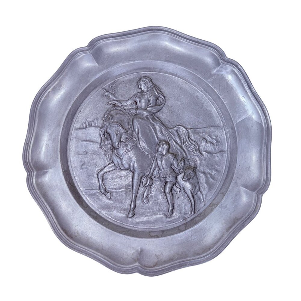70s German Zinnengel Pewter‎ Plate Embossed Equestrian Medieval Scene Wall Decor